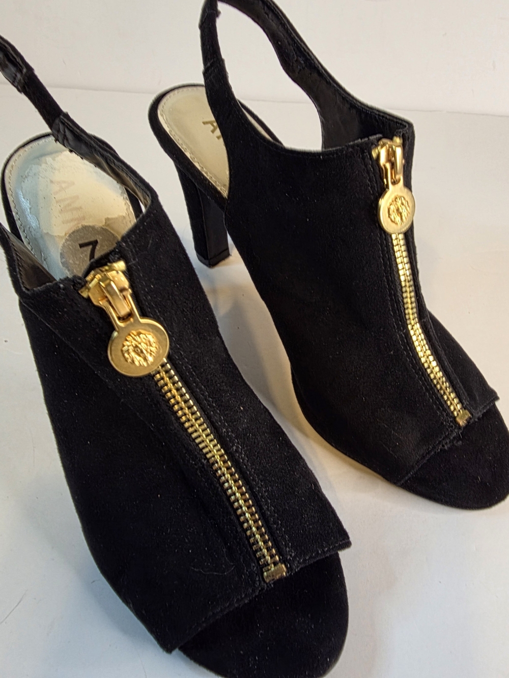 Anne Klein Black Suede Peep-Toe Slingback Booties with Gold Zipper Size 7